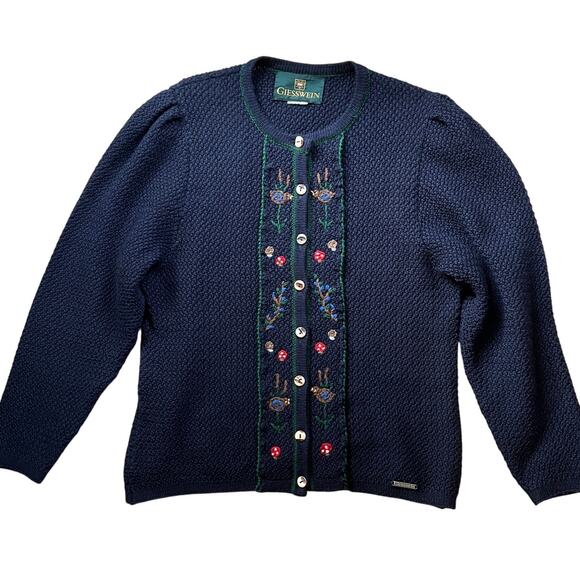 Giesswein Sweaters - Vtg Giesswein Wool Cardigan Womens 14 Navy Blue Antler Button Mushrooms Austrian